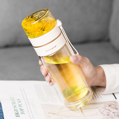 Glass Water Bottle With Tea Infuser Filter, Tea Separation, Double Wall Glass Bottle, Leakproof Water Bottle