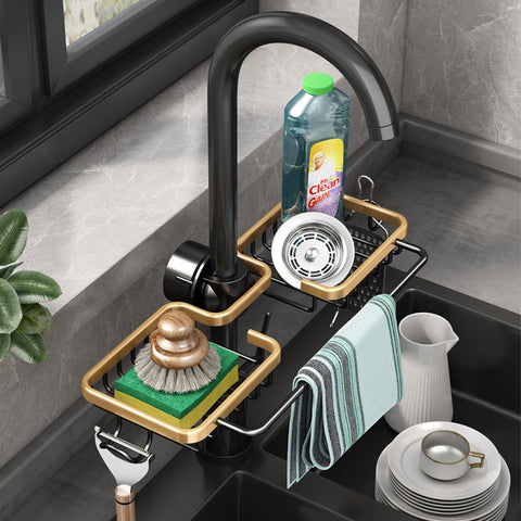 Kitchen Area Aluminum Sink Rack, Sponge Storage Faucet Holder, Soap Dish Shelf Basket Organizer Bathroom Accessories